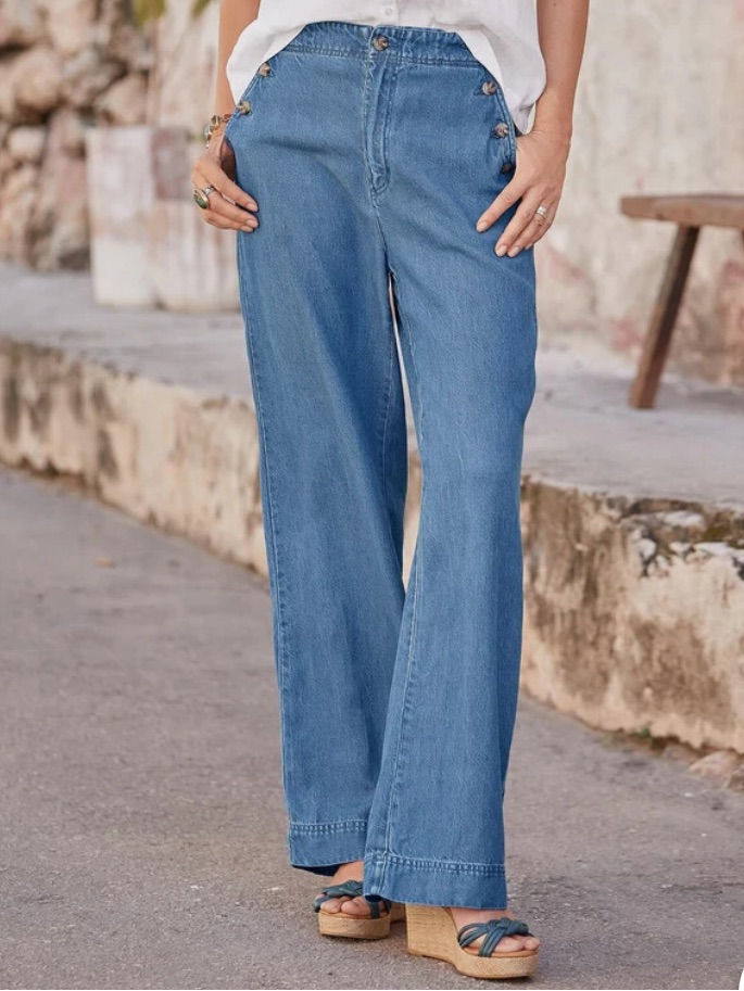 Sundance Oaklee Sailor Pants Women's 4 Wide Leg Relaxed Fit Chambray Lyocell